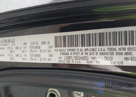 2016 Ram 1500 Outdoorsman z USA, uszkodzony, nr VIN 1C6RR7LT9GS249253